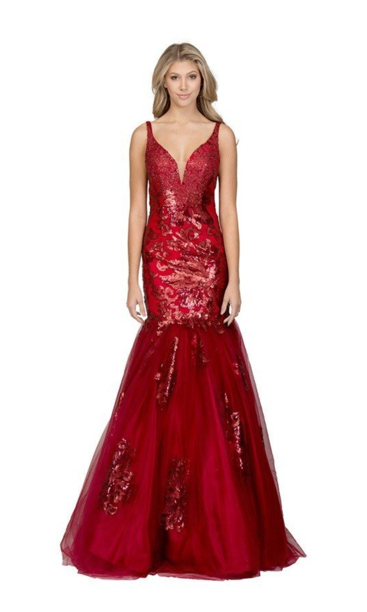 A woman models the Long Sequin Mermaid Prom Dress: Chicas DR7009, featuring a sleeveless deep v-neck and red sequins, against a plain white background.